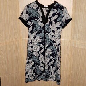 Ekouaer Womens Blue Floral Full Zip Short Sleeve Midi Dress Small